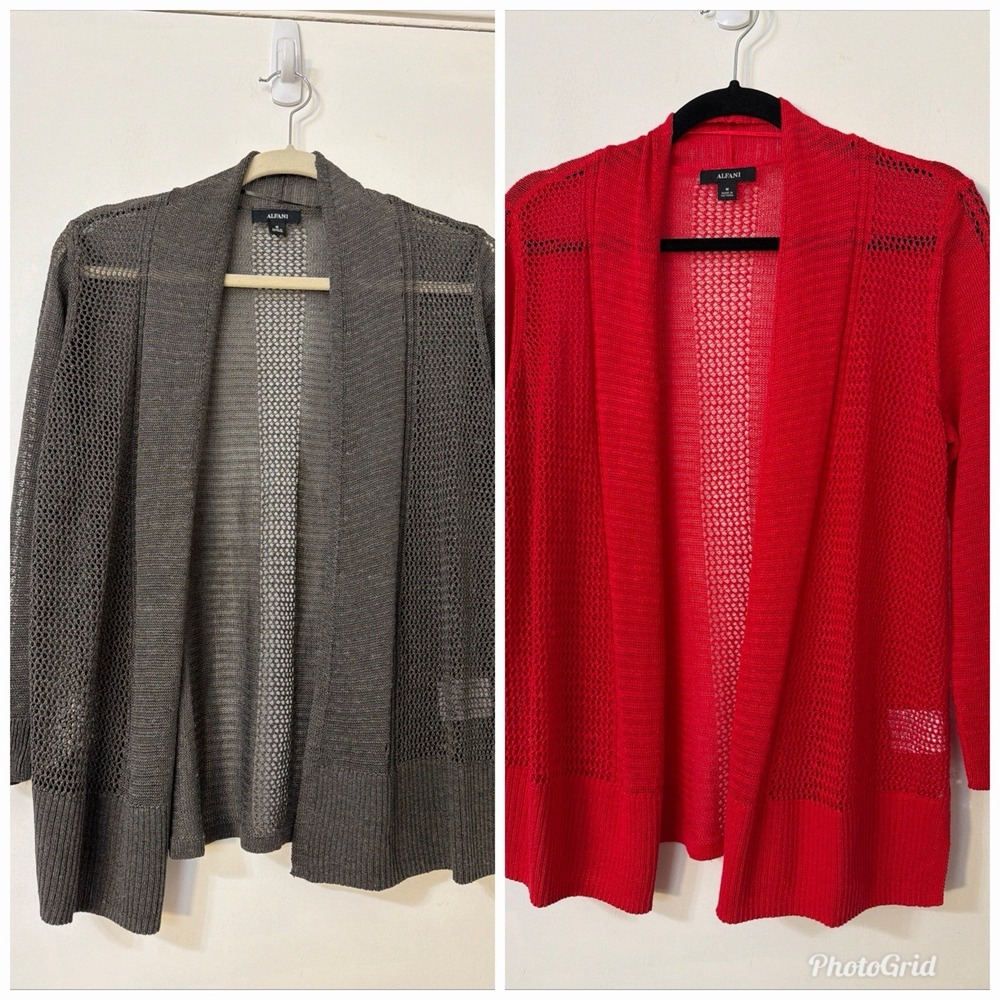Alfani Lot Of 2‎ Red/gray Linen  Open Knit Open-Front Cardigan Sweater Sz M